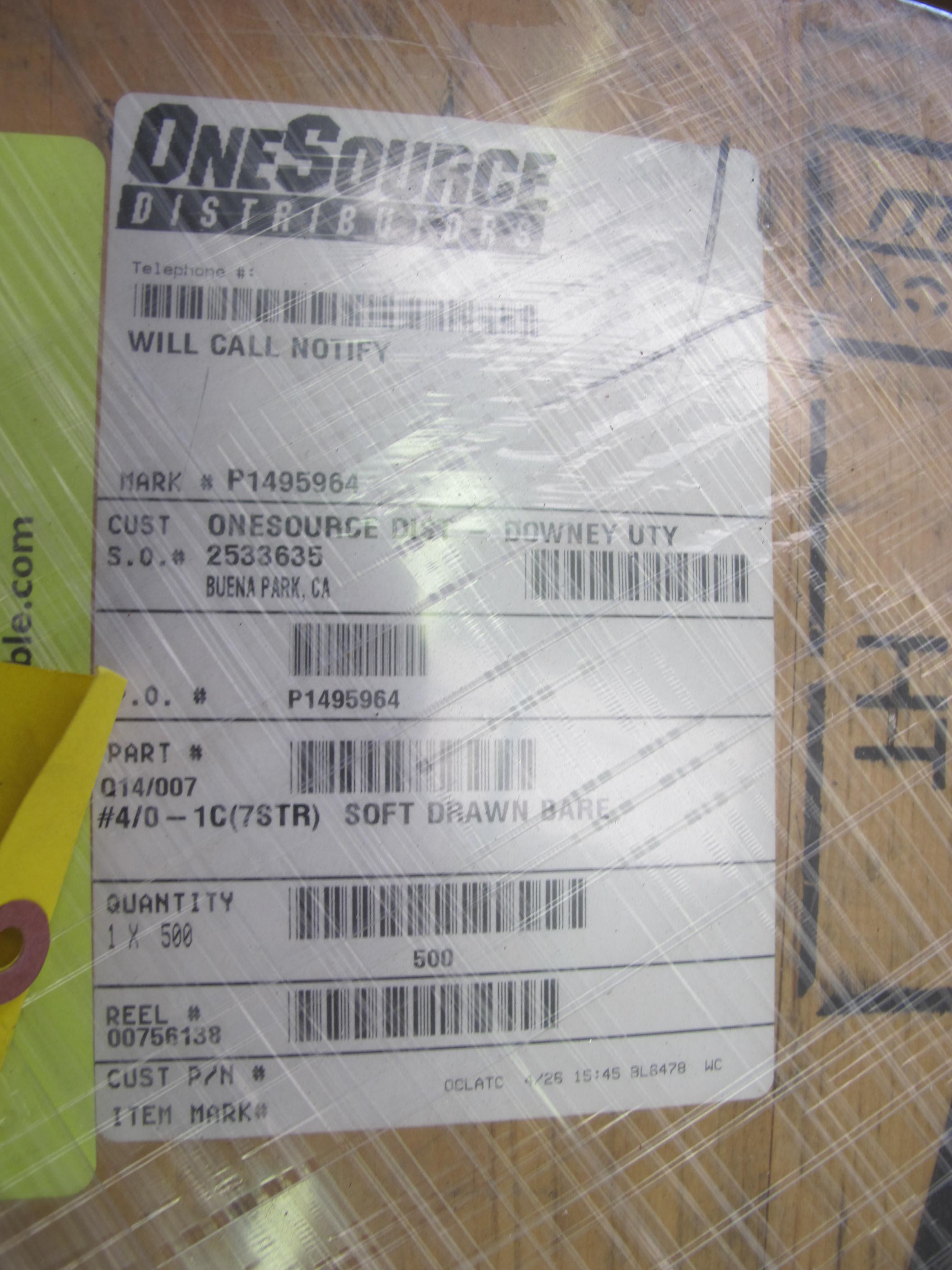 LOT (500 FT) OF CABLE, ELECTRICAL TYPE, 4/0 AWG SIZE, COPPER MATERIAL, SOFT DRAWN KIND. BARE, 7 STRANDED, SOFT DRAWN, 1.531 FT. PER LB. (W-44) LOADING & HANDLING FEE $15-